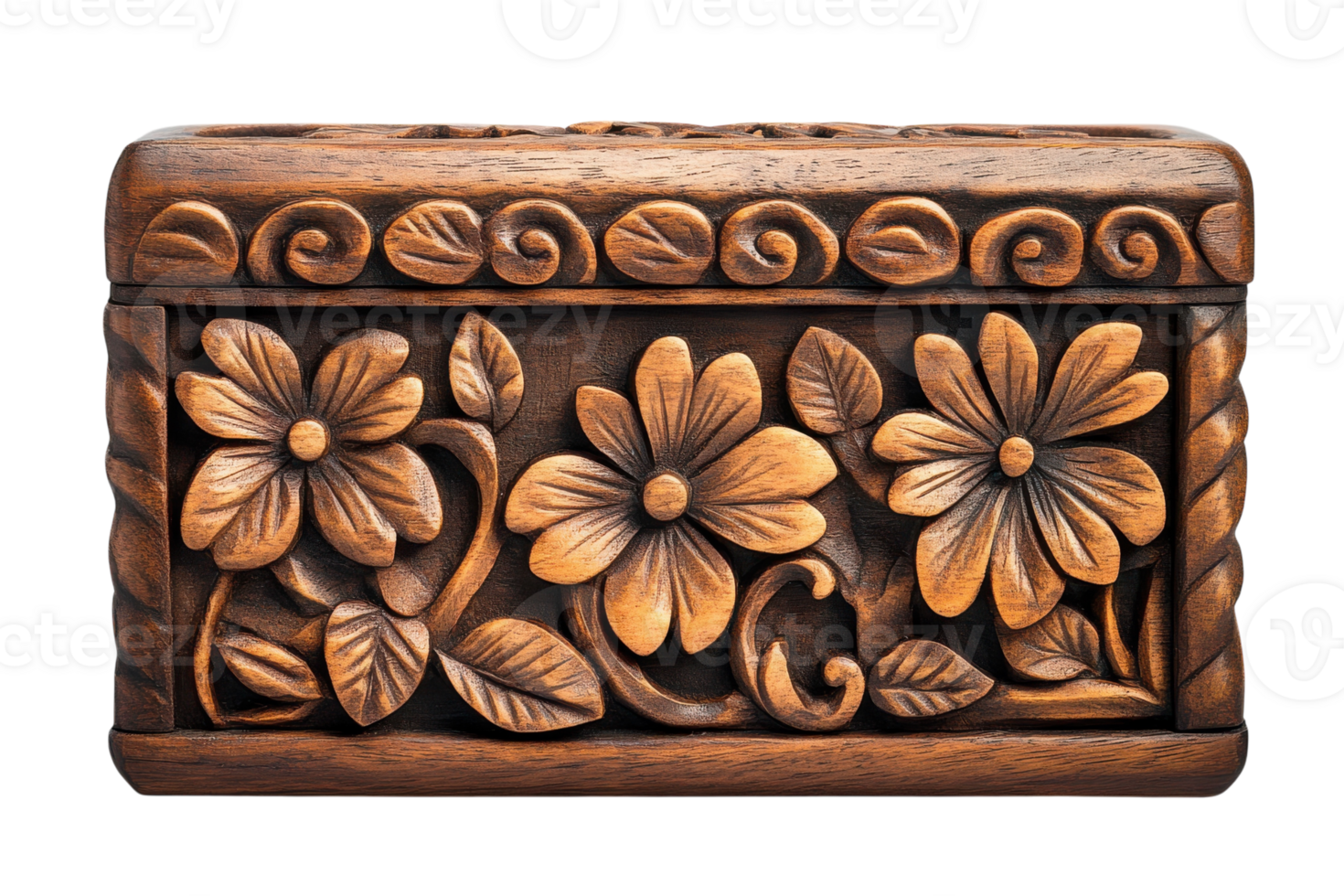 Handcrafted wooden box with intricate floral carvings displayed on a plain background png