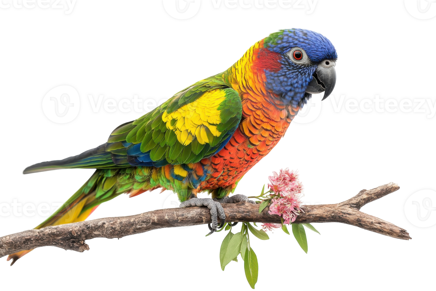 Colorful parrot perched on a branch with vibrant feathers and delicate flowers in bright surroundings png