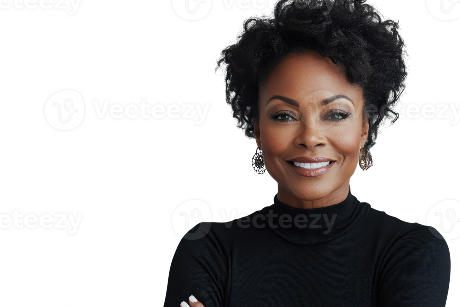 Confident woman smiling with arms crossed against a plain background, showcasing self-assurance and style png