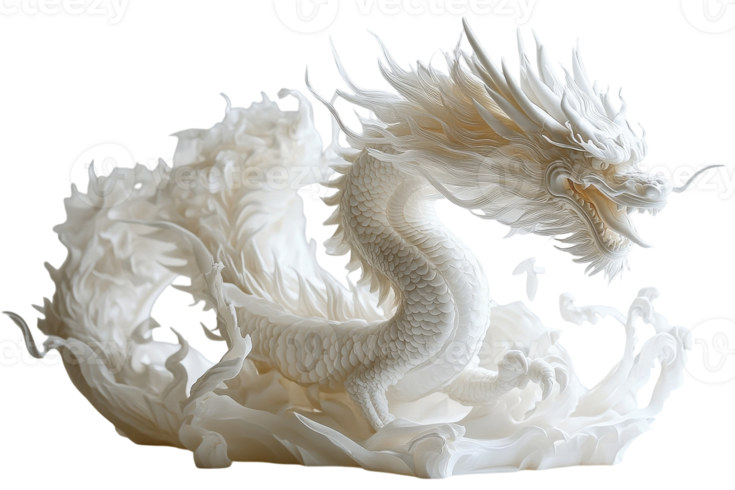 Intricate white dragon sculpture emerging from swirling clouds creating a mesmerizing display of artistry png