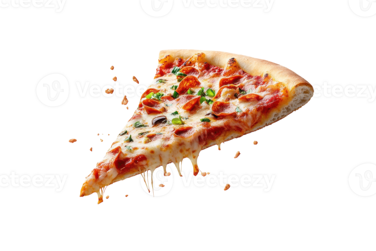 Delicious slice of pizza topped with cheese, pepperoni, and green peppers ready to enjoy png