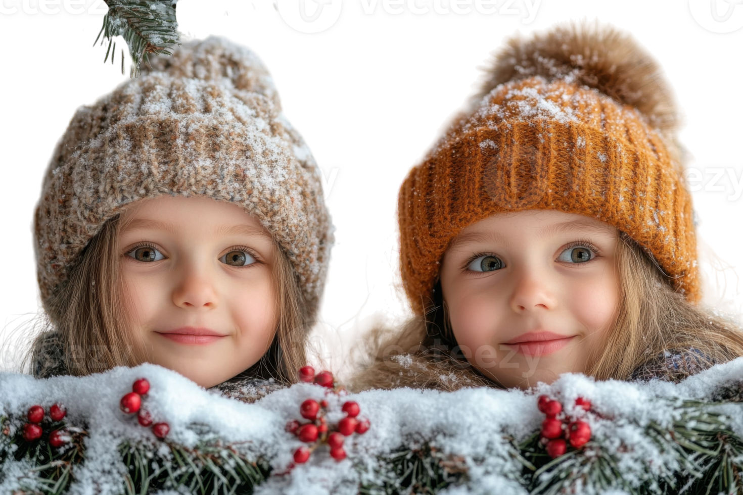 Smiling children posing together with winter hats and snow-covered decorations during the holiday season png