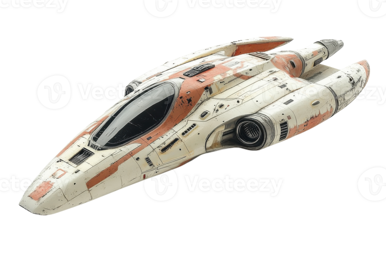 Miniature spaceship model crafted with intricate details, showcasing a weathered design and futuristic aesthetics png