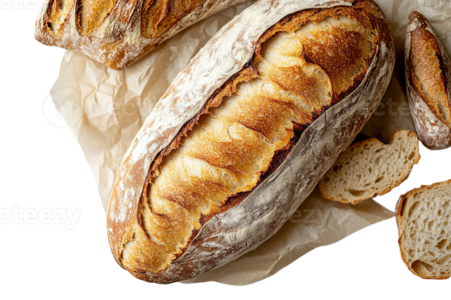 Freshly baked artisanal bread on crumpled paper with sliced pieces nearby for sharing and tasting png