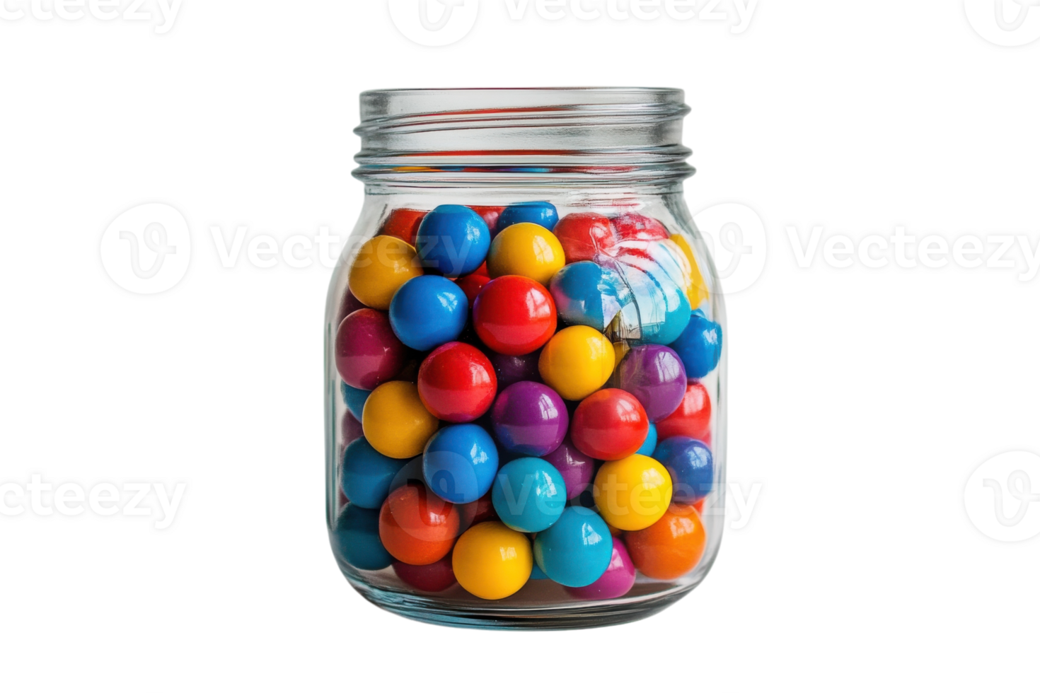 Colorful gumballs arranged in a clear glass jar for a vibrant decorative display png