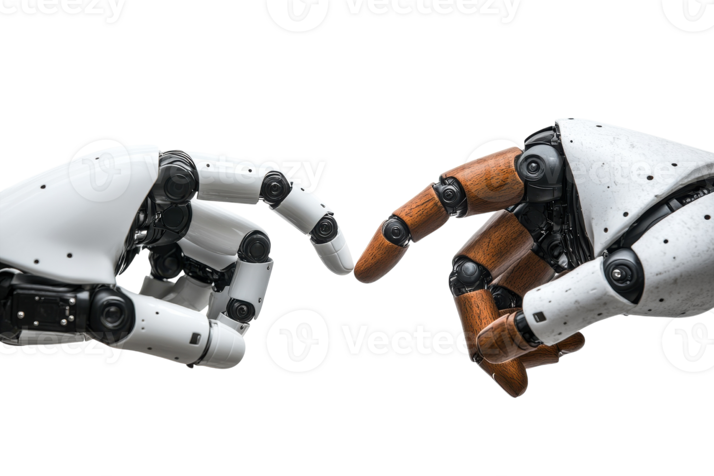 Interaction between robotic and wooden hands symbolizes the fusion of technology and humanity png