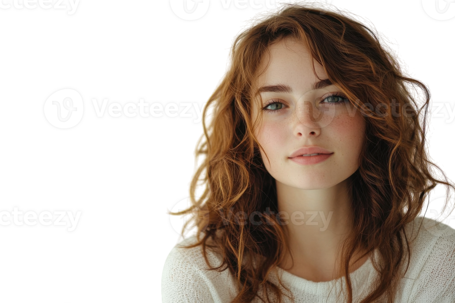 Young woman with curly hair poses confidently against a white background in soft natural light png