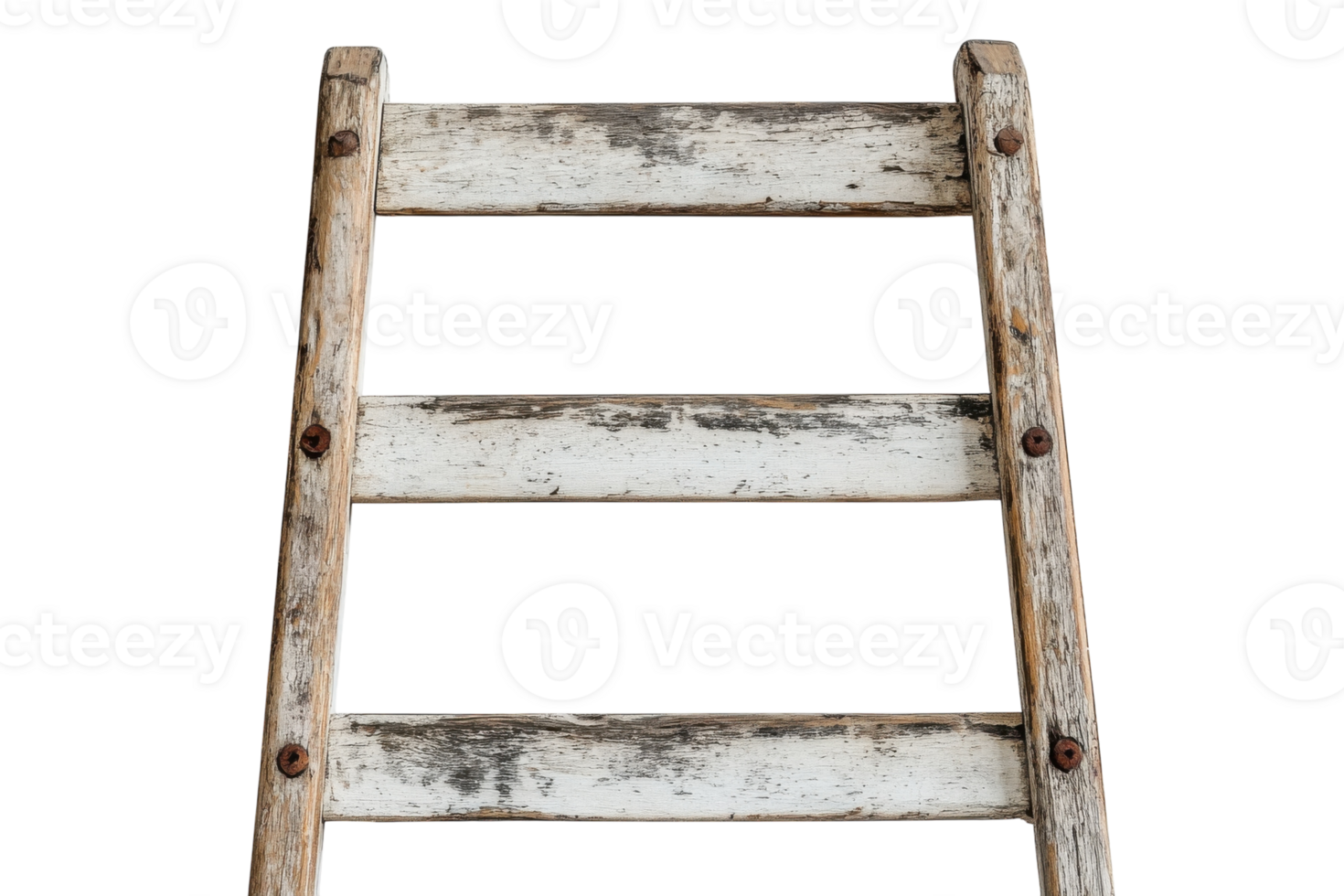 Rustic wooden ladder stands against a white background showcasing its weathered texture and worn charm png