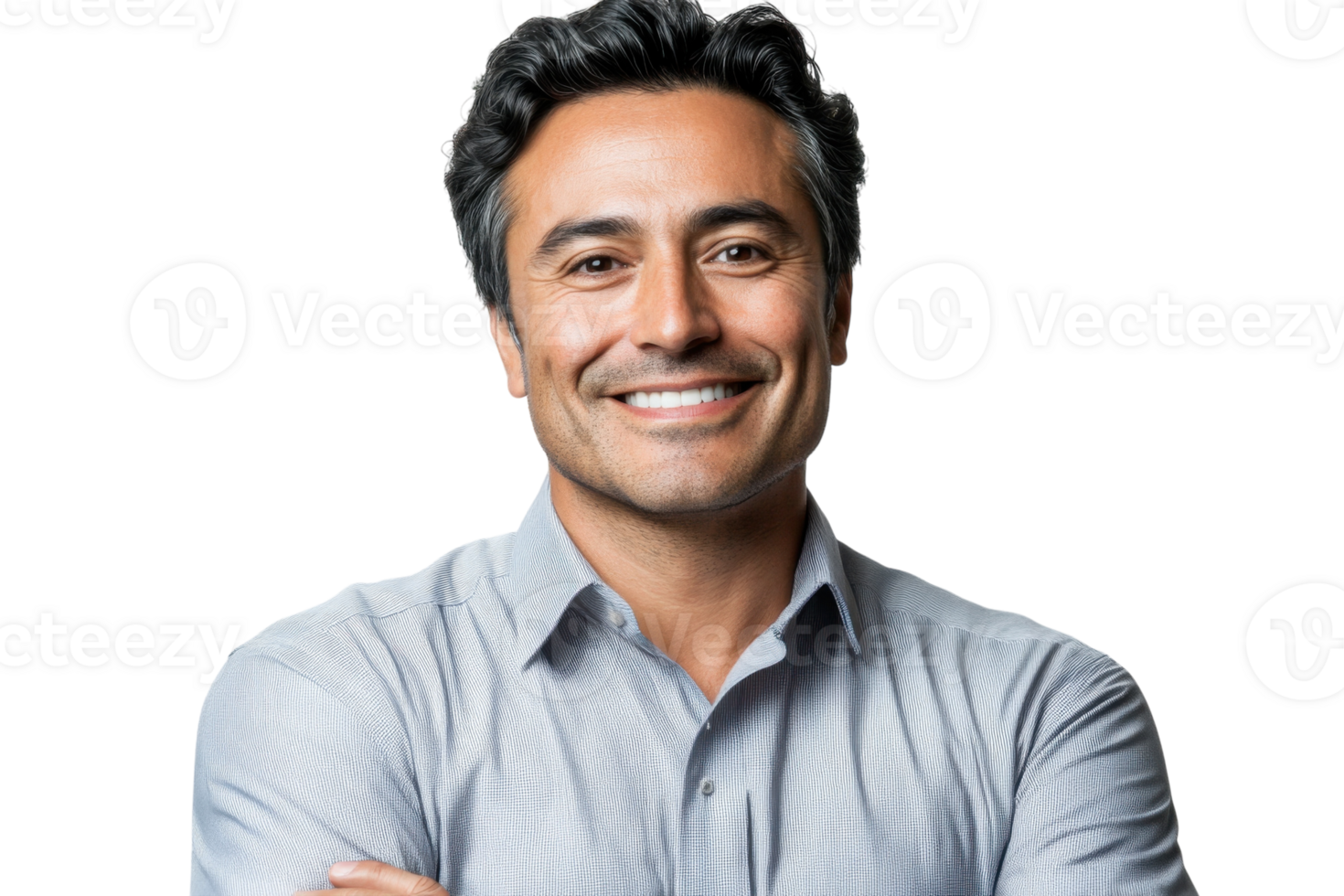 Confident businessman smiling while standing with arms crossed in a casual setting indoors png