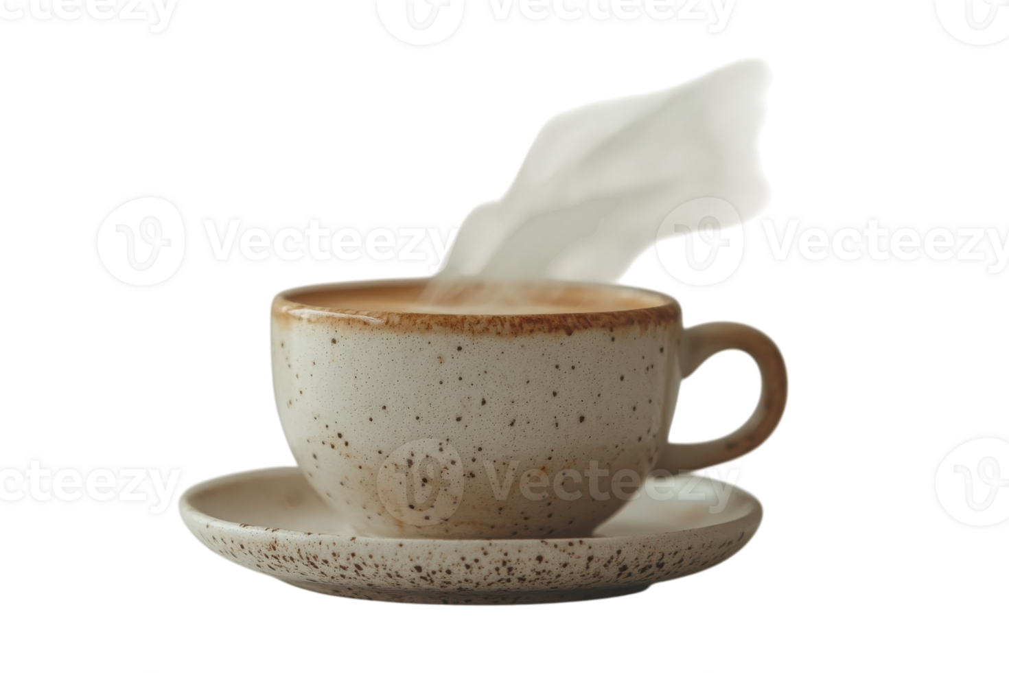 Steaming coffee served in a rustic cup on a saucer with a warm, inviting aesthetic during morning hours png