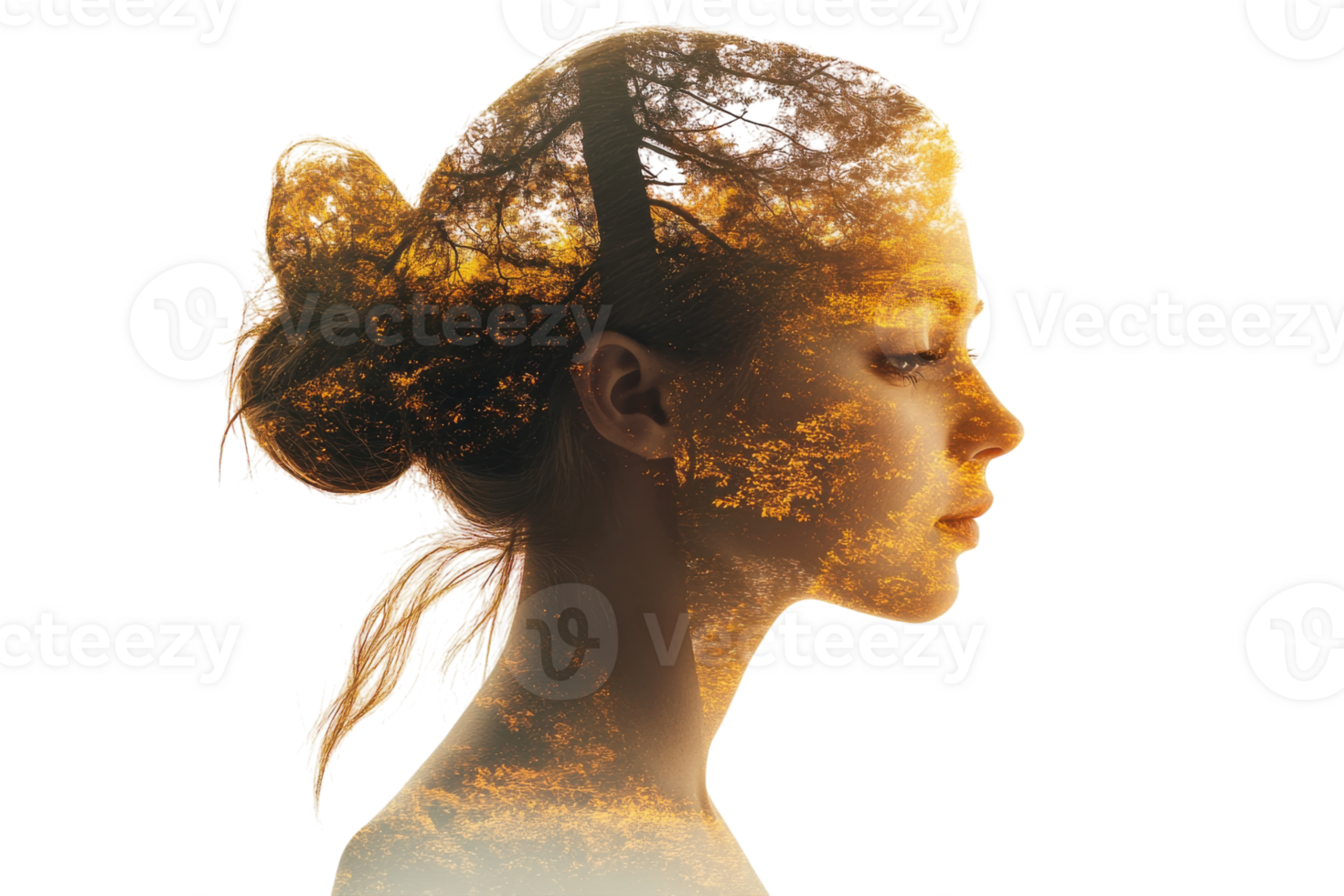 Woman's silhouette merges with autumn foliage, creating a striking double exposure effect in a serene artistic representation png