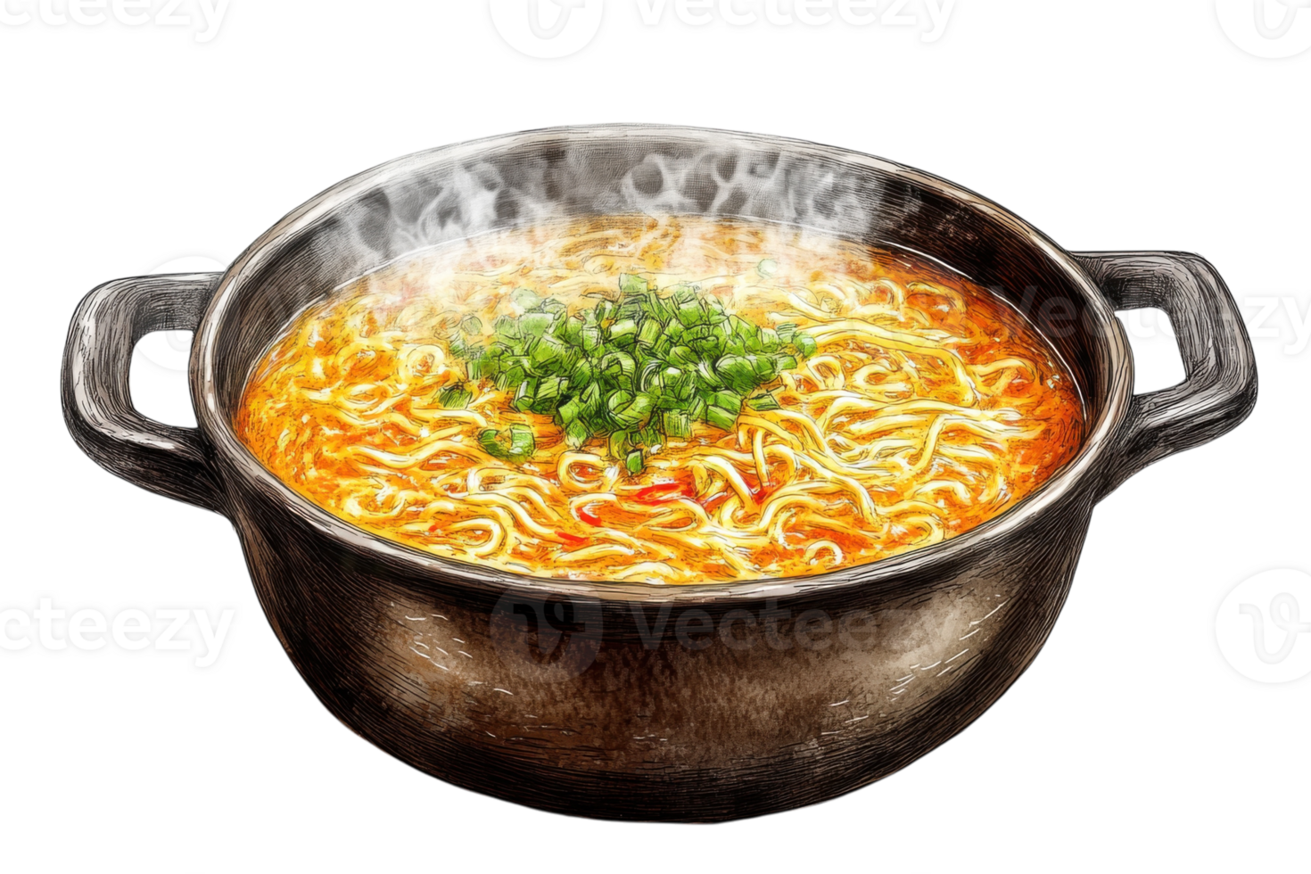Hot and flavorful noodle soup served in a traditional black pot with fresh green onions on top png
