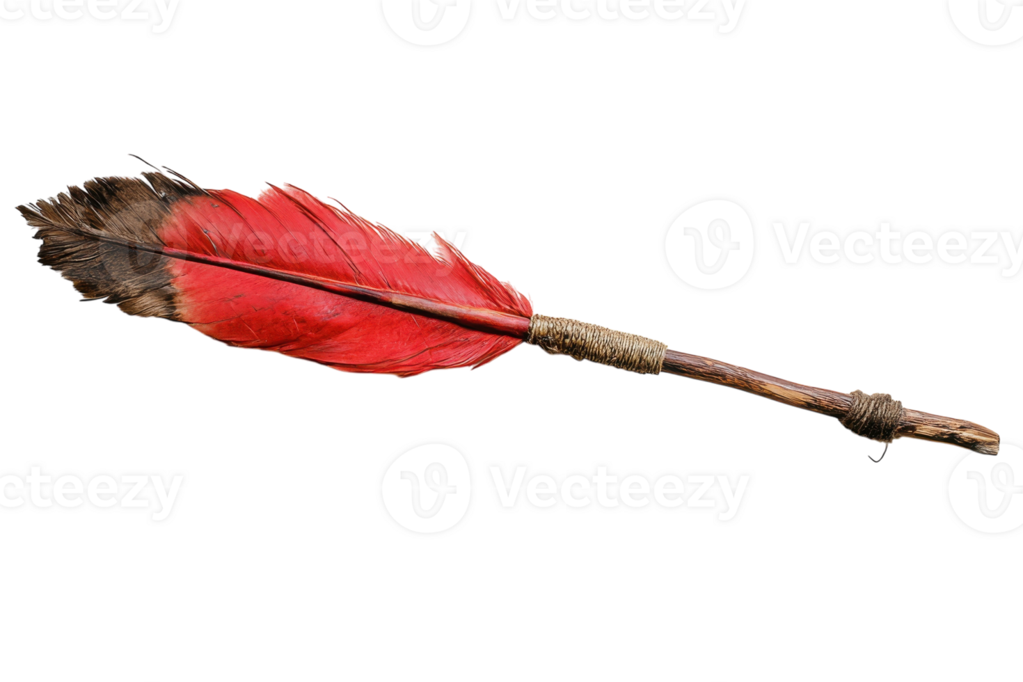 Uniquely crafted stick with vibrant red feather embellishment found in a nature setting png