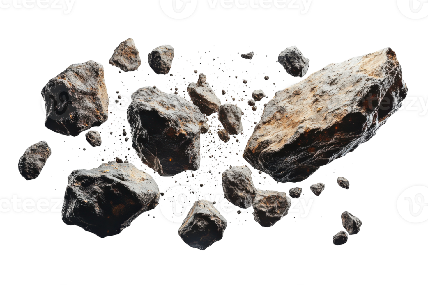 Rocks and debris scattered in various sizes creating a dynamic formation in a void png