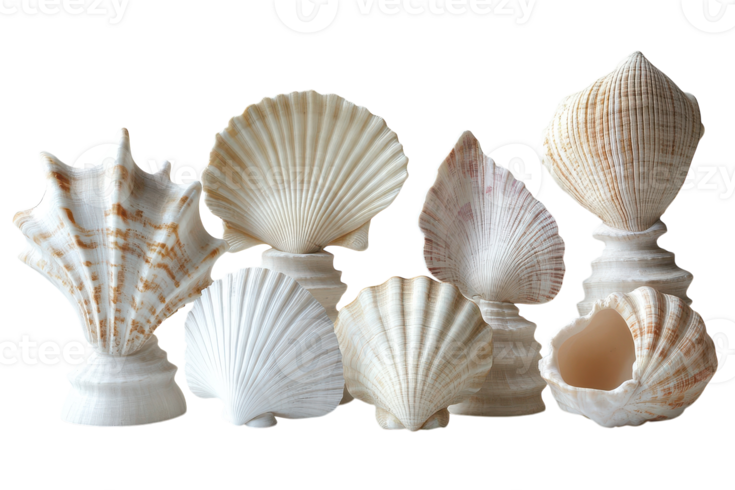Collection of various seashells arranged on a plain background showcasing natural beauty and diversity png