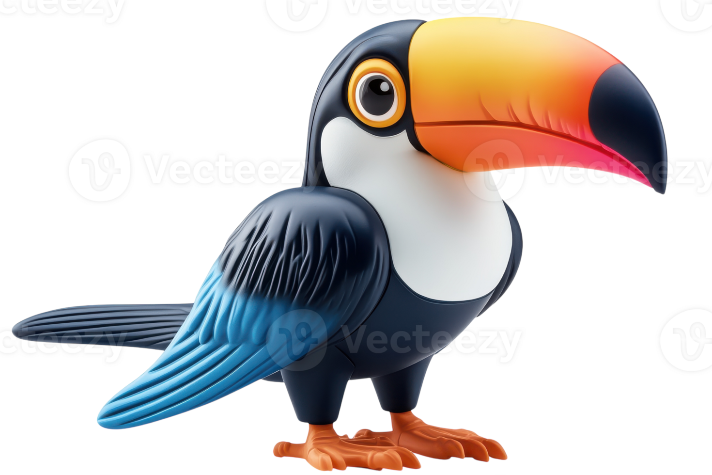 Colorful toucan standing on its feet in a playful pose, showcasing vibrant plumage and cartoonish charm png