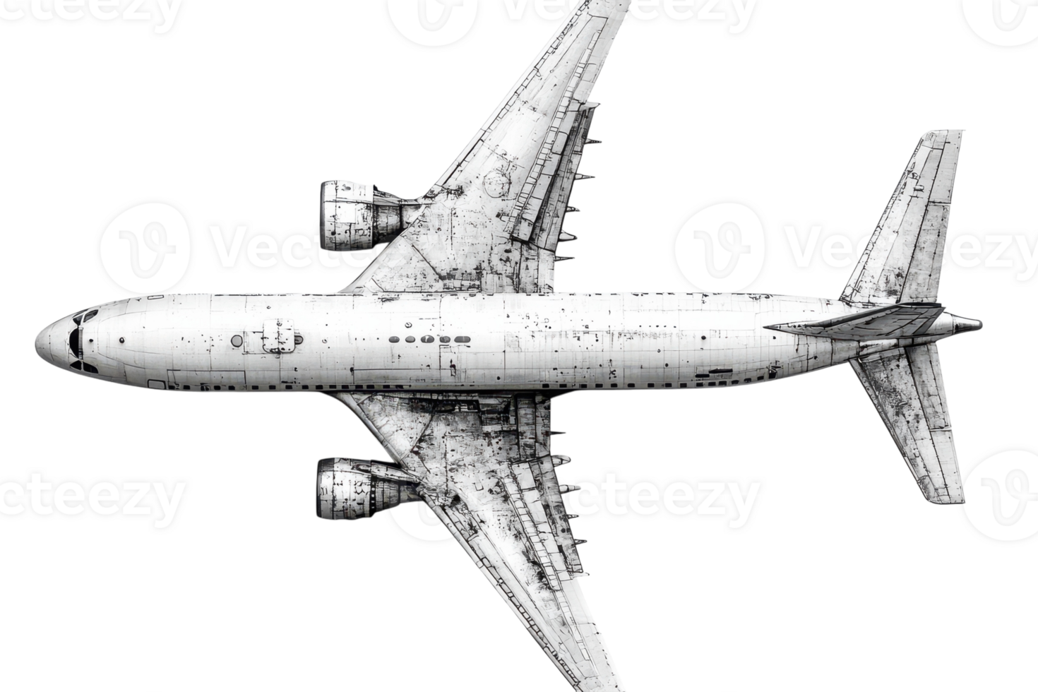 Airplane design outline showcasing details of fuselage and wings from a top perspective png