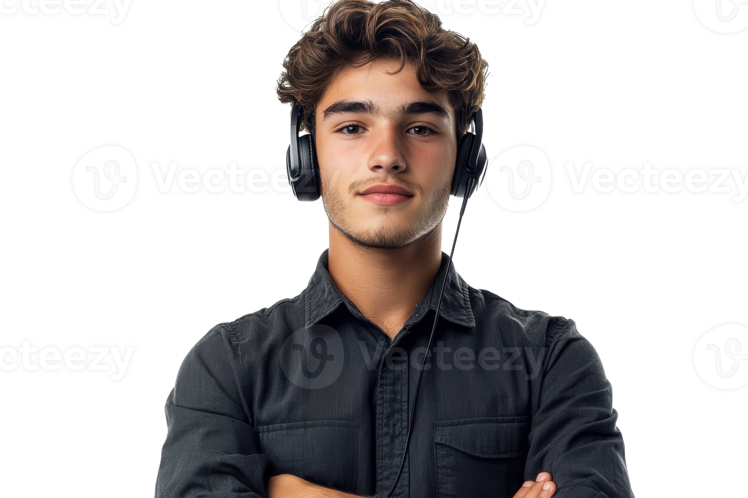 Young man listening to music with headphones while posing confidently in a studio setting png