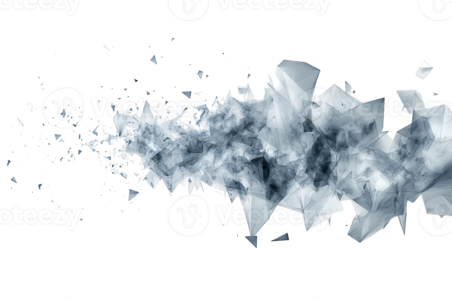 Dynamic abstract representation of fragmented shapes and swirling patterns in shades of gray and blue png