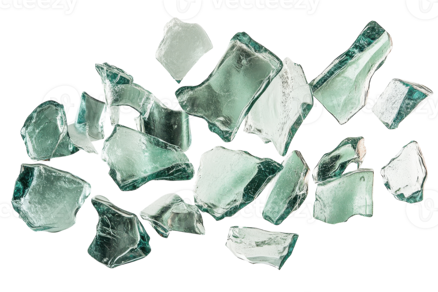 Fragments of clear glass scattered across a white surface showcasing various shapes and sizes with smooth edges and reflective surfaces png