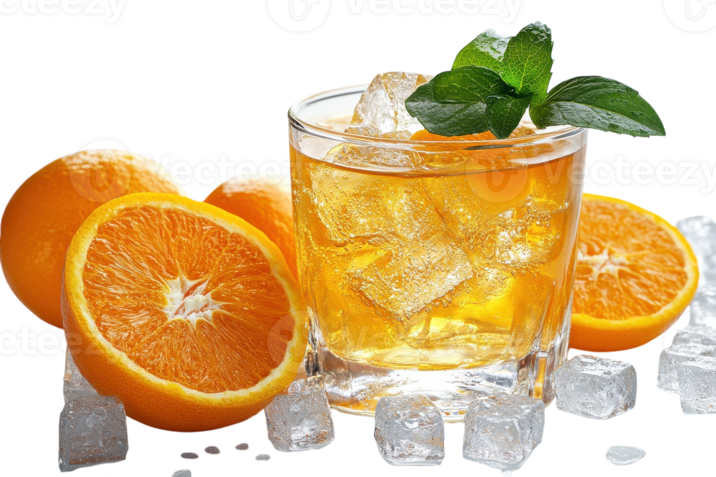 Refreshing citrus drink with ice and mint, surrounded by fresh oranges on a white background png