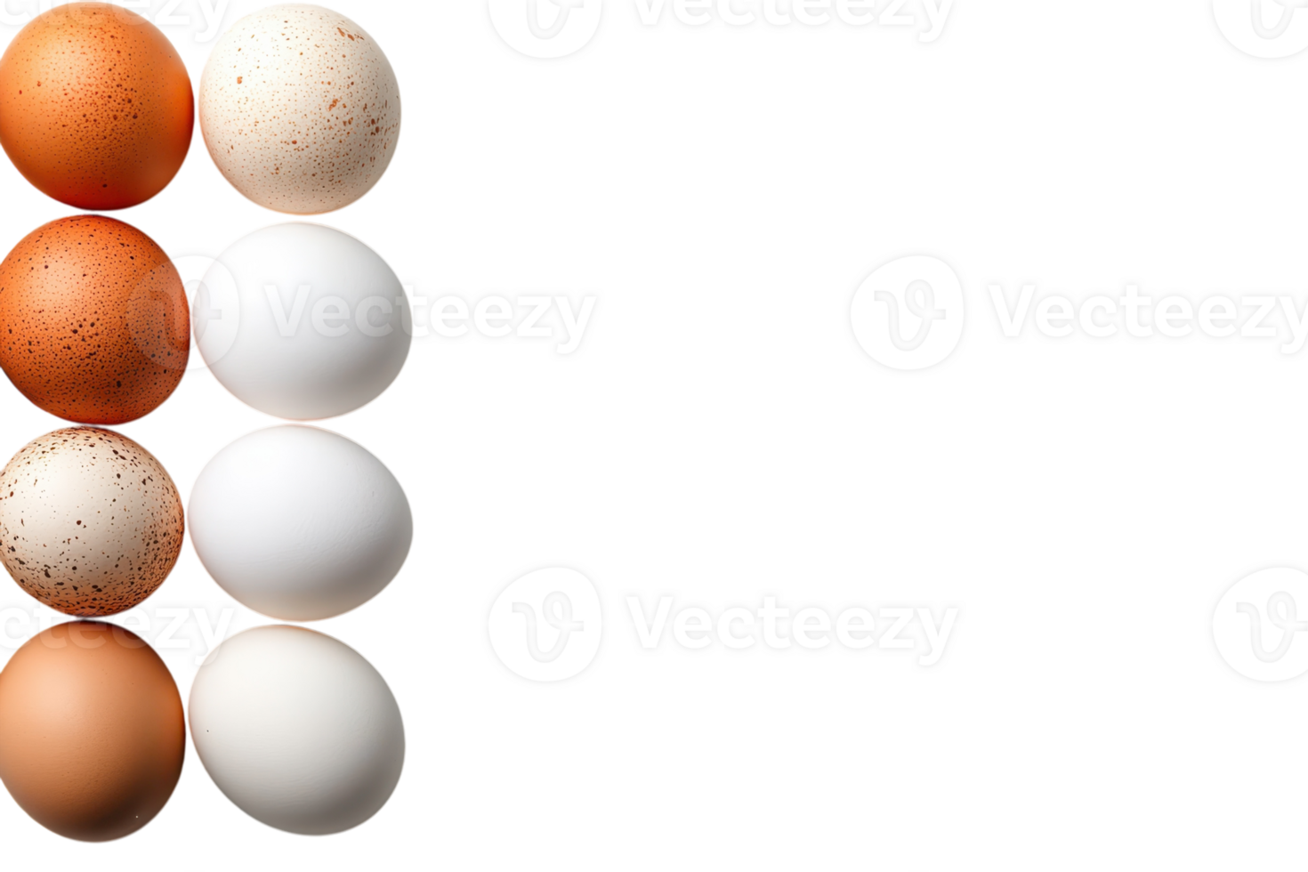 Various types of eggs displayed together on a light background showcasing natural colors and textures in a simple arrangement png