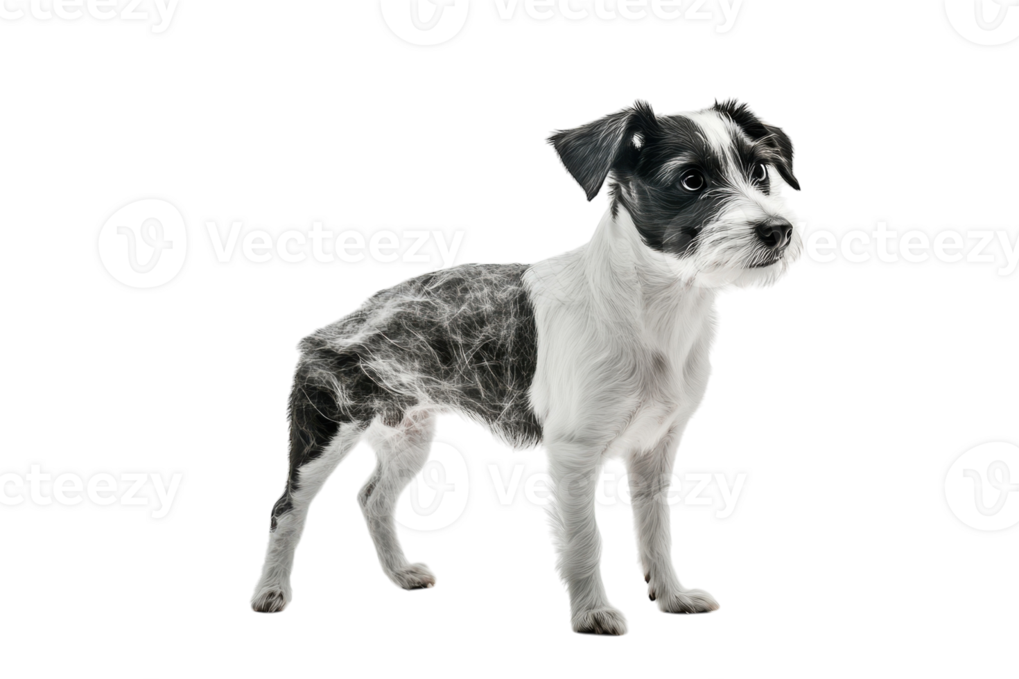 Dog with unique fur pattern stands against white background showcasing its striking features and playful demeanor in a studio setting png
