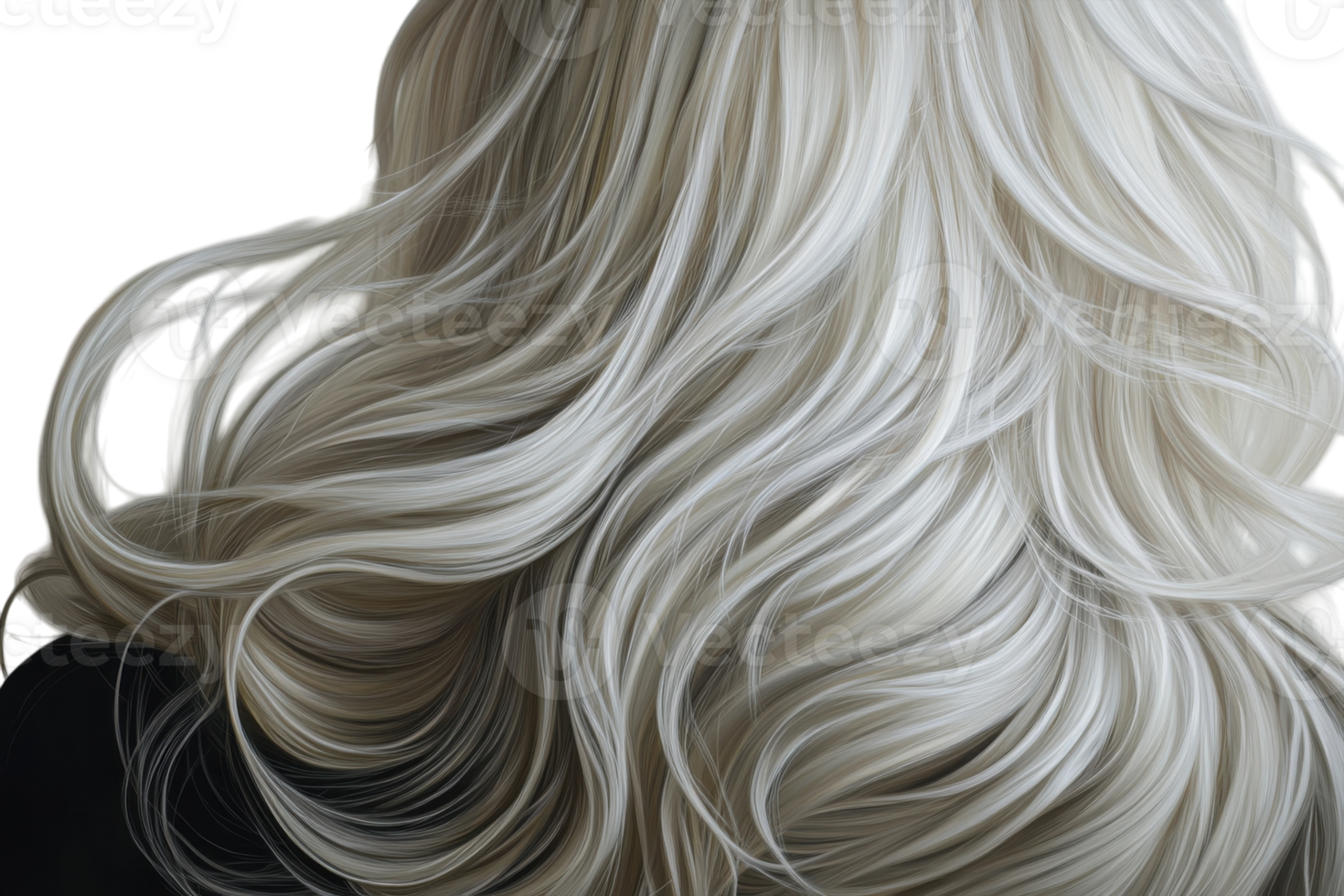 Long, flowing silver hair styled elegantly against a plain background showcasing vibrant texture and shine png