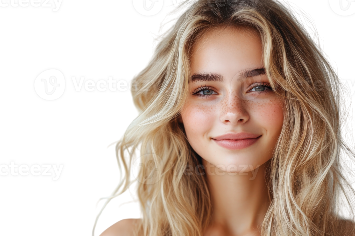 Smiling young woman with long wavy hair against a plain background during a portrait session png