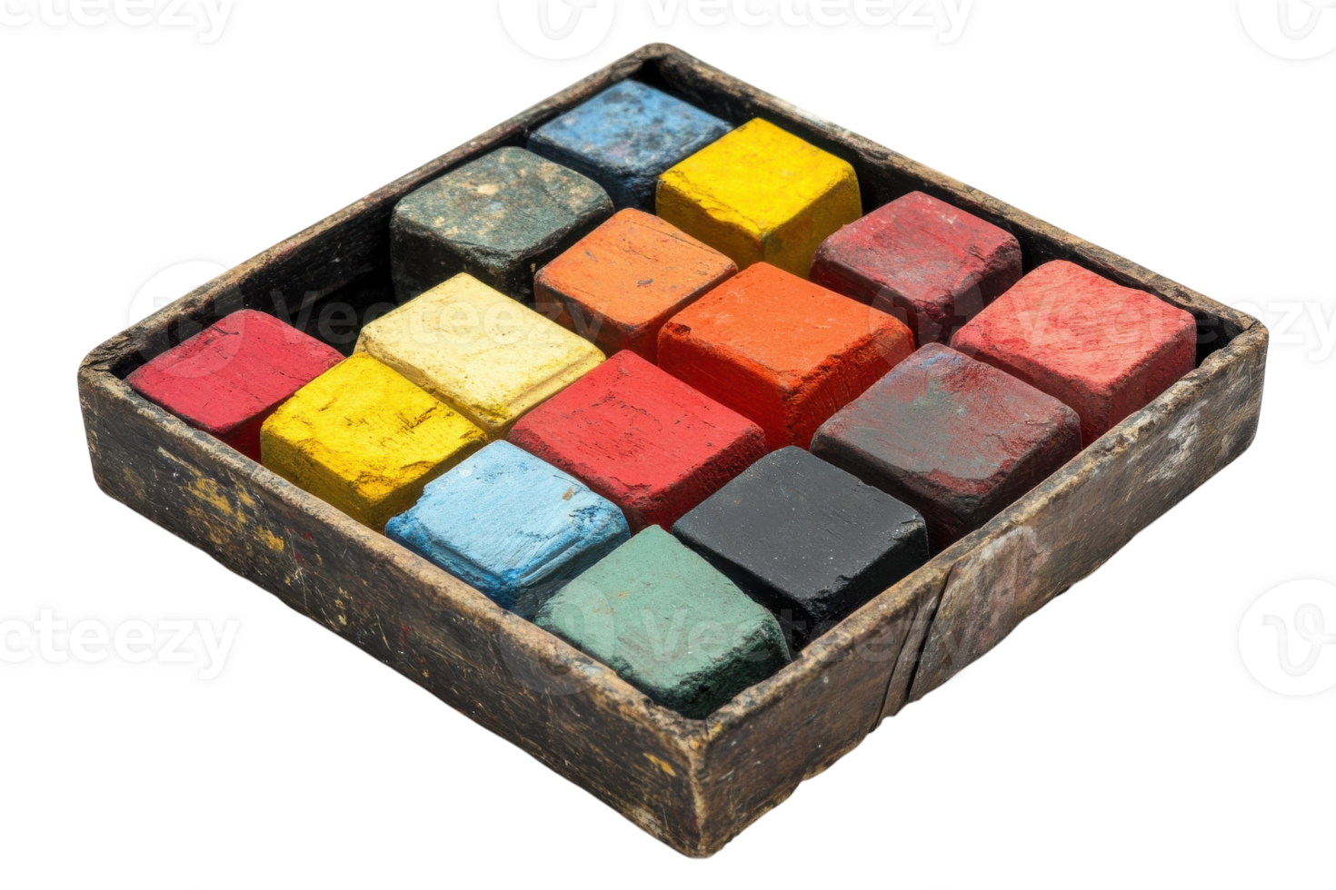 Brightly colored art supplies in a wooden box ready for creative projects and artistic expression png