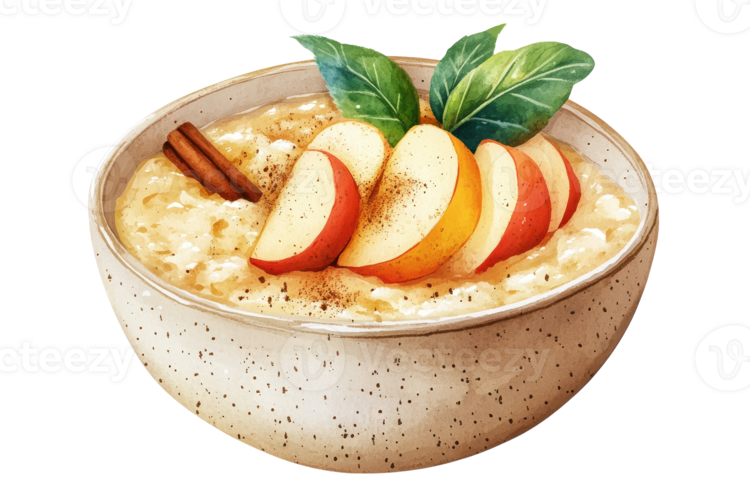 Delicious bowl of oatmeal topped with fresh apple slices and cinnamon in a cozy kitchen setting png