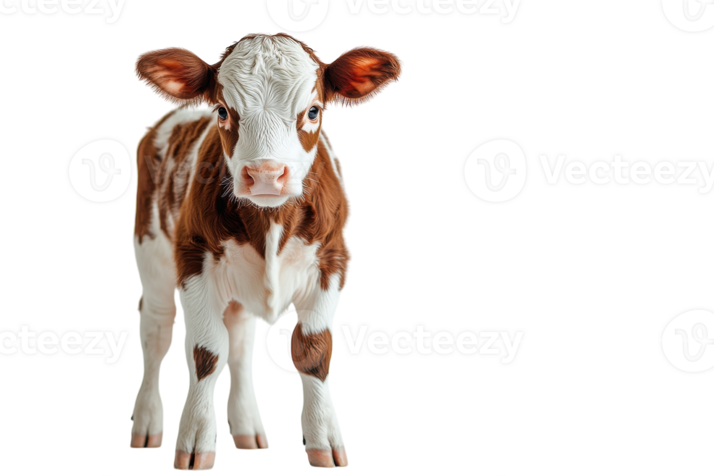 Cute brown and white calf standing on a plain background with curious expression png