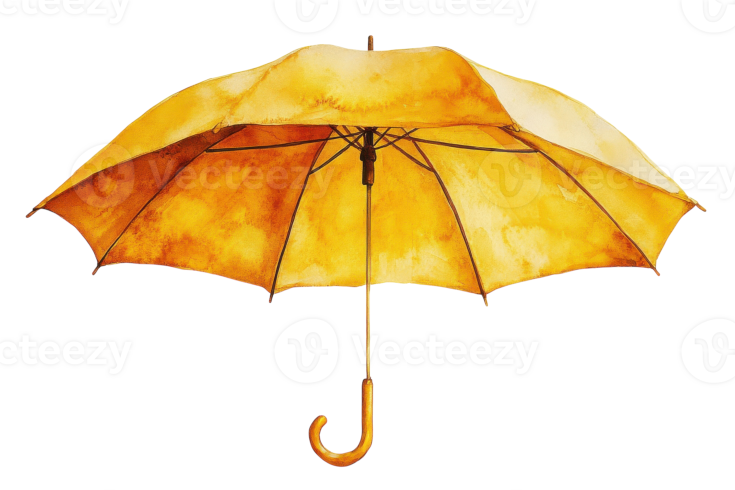 Vibrant yellow umbrella with a curved handle showcasing artistic watercolor details png