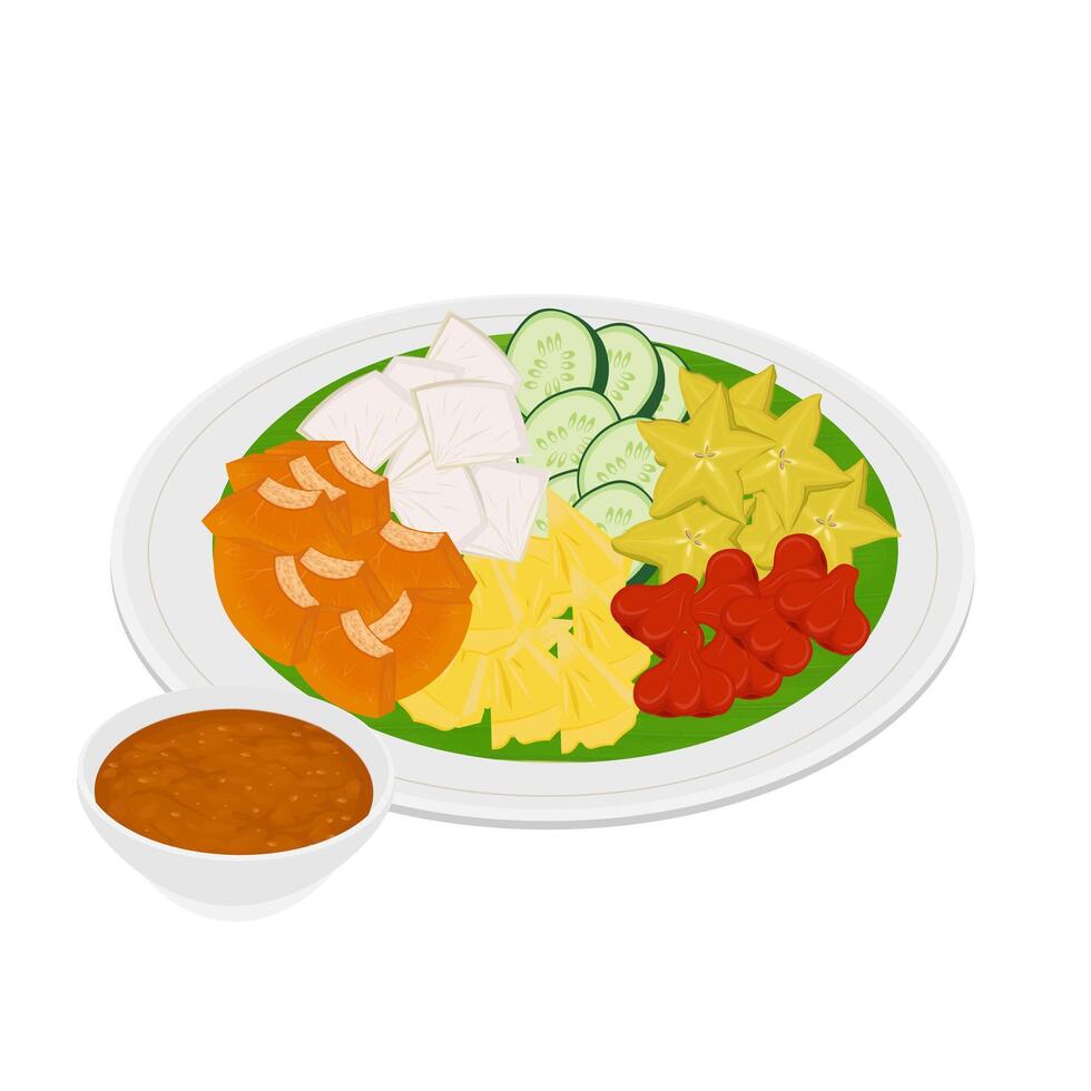 Illustration Logo Clipart Indonesian Food Rujak buah lotis or lutis with Spicy Brown Sugar Sauce vector