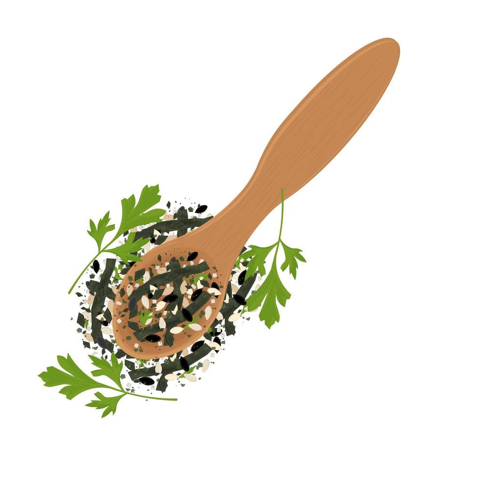 Illustration Logo Clipart Organic Furikake Flakes on a wooden spoon vector