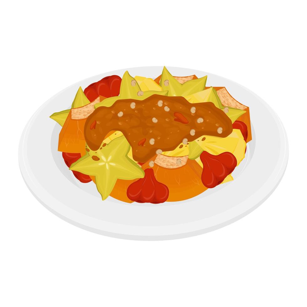 Illustration Logo Clipart Rujak buah lutis or lotis buah with Spicy brown sugar sauce vector