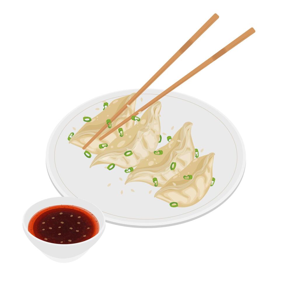 Illustration Logo Clipart Steamed gyoza or jiaozi dumpling on a white plate vector