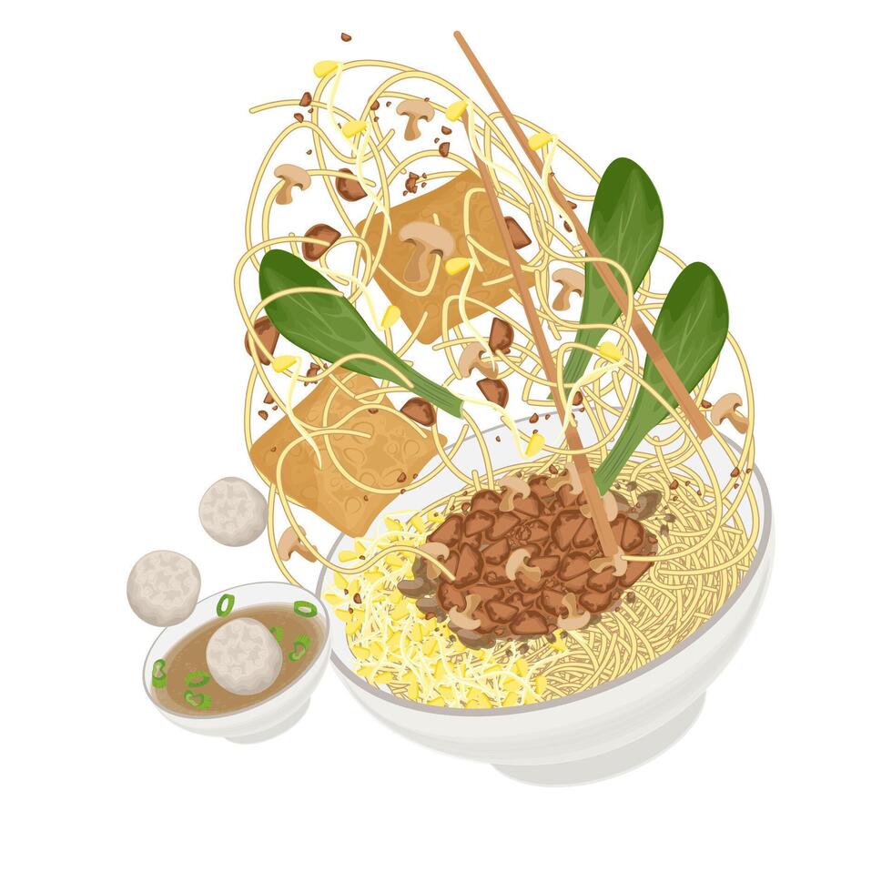 Illustration Logo Clipart levitation Mie ayam Bangka or Indonesian Chicken noodles soup vector