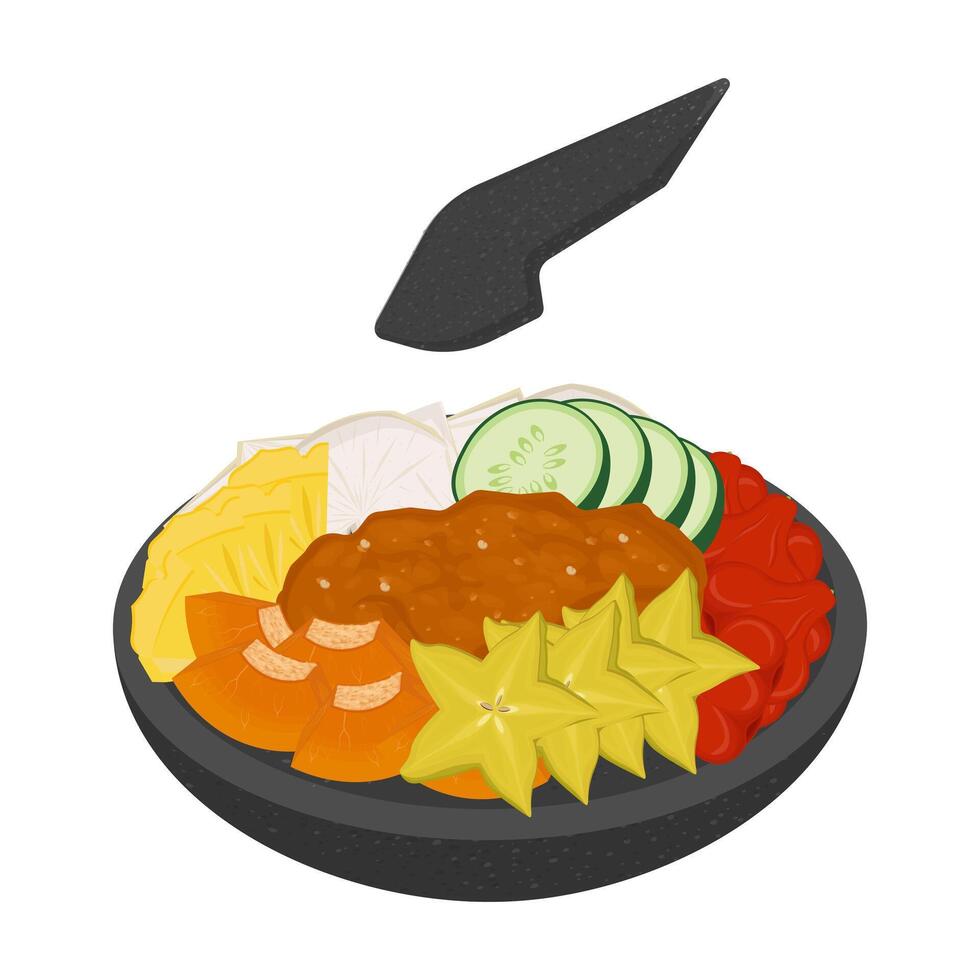 Illustration Logo Clipart indonesian street food Rujak buah on a cobek with Spicy brown sauce vector