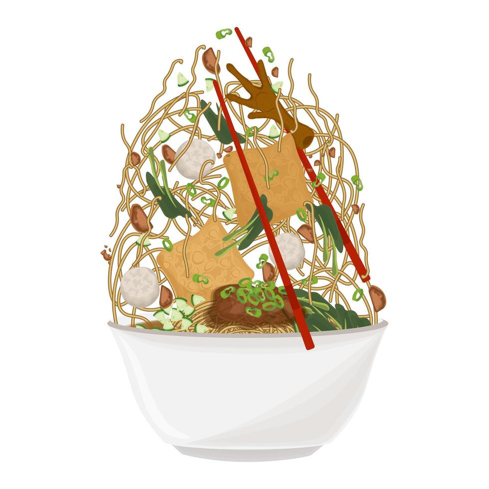 Illustration Logo Clipart Levitation Mie Ayam Bakso or Indonesian Chicken Noodles with Bakso or Meatball on a white bowl vector