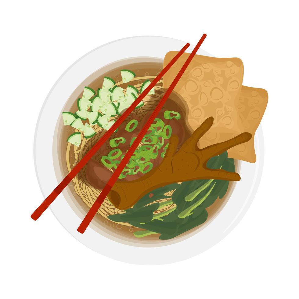 Illustration Logo Clipart Top View mie ayam ceker or indonesian chicken noodles soup vector