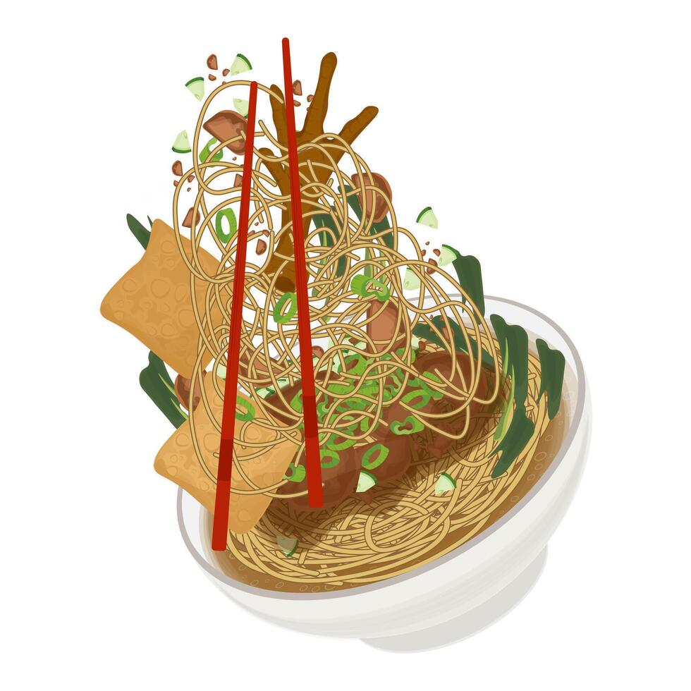 Illustration Logo Clipart levitation Mie ayam ceker or Indonesian Chicken noodles soup with pangsit vector