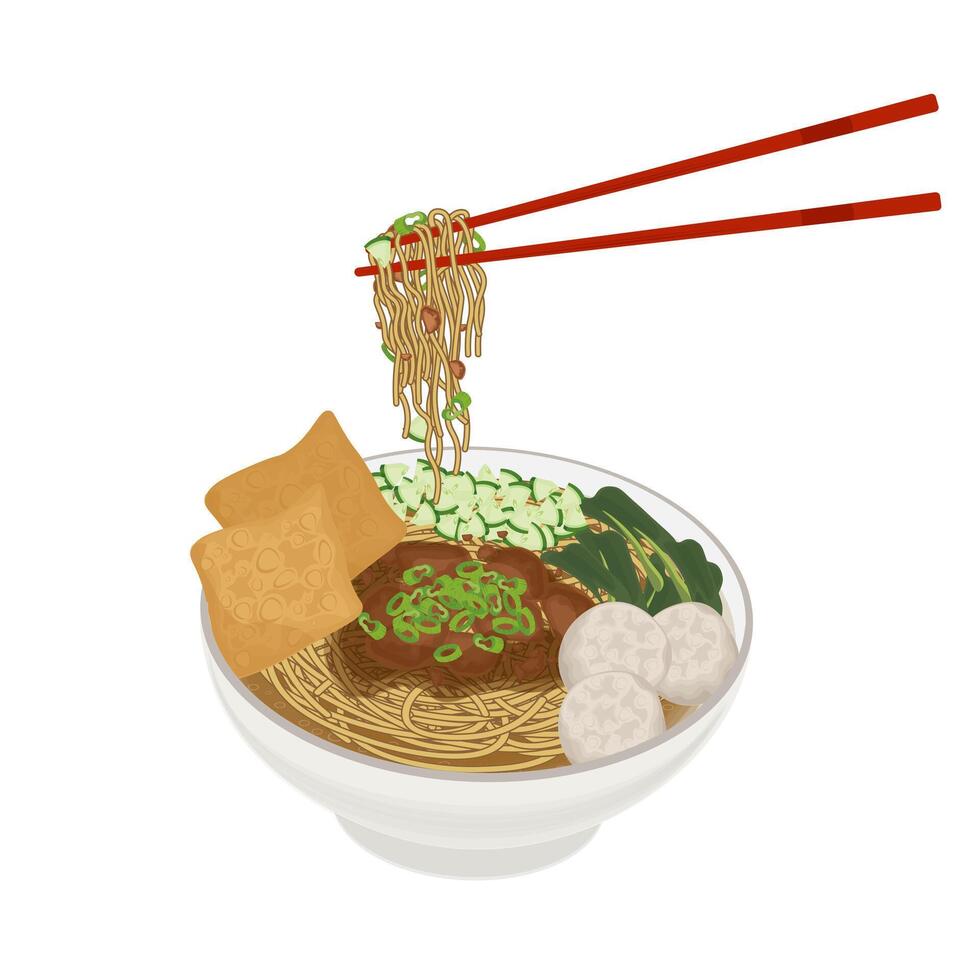 Illustration Logo Clipart Ready to eat Mie Ayam Bakso Komplit or Indonesian Chicken Noodle soup with Meatball vector