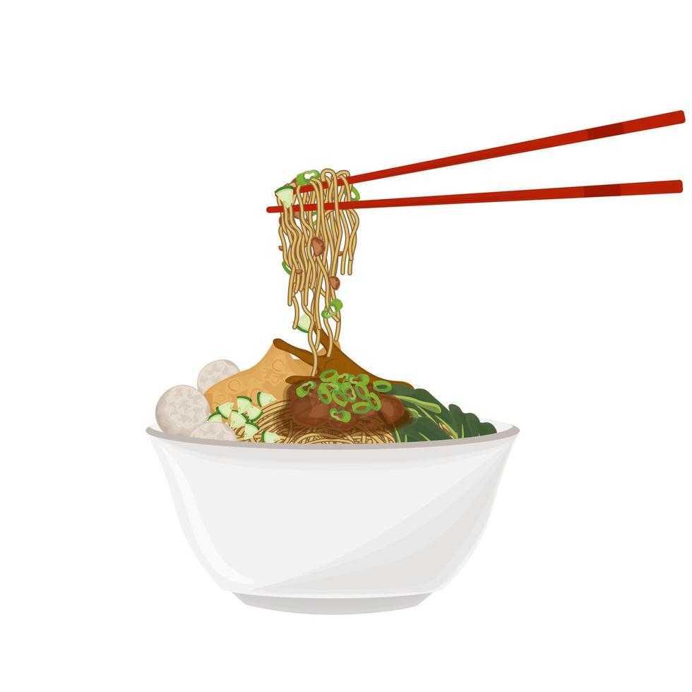 Illustration Logo Clipart Ready to eat Mie ayam bakso or Indonesian Chicken Noodles with meatball and Chopstick vector