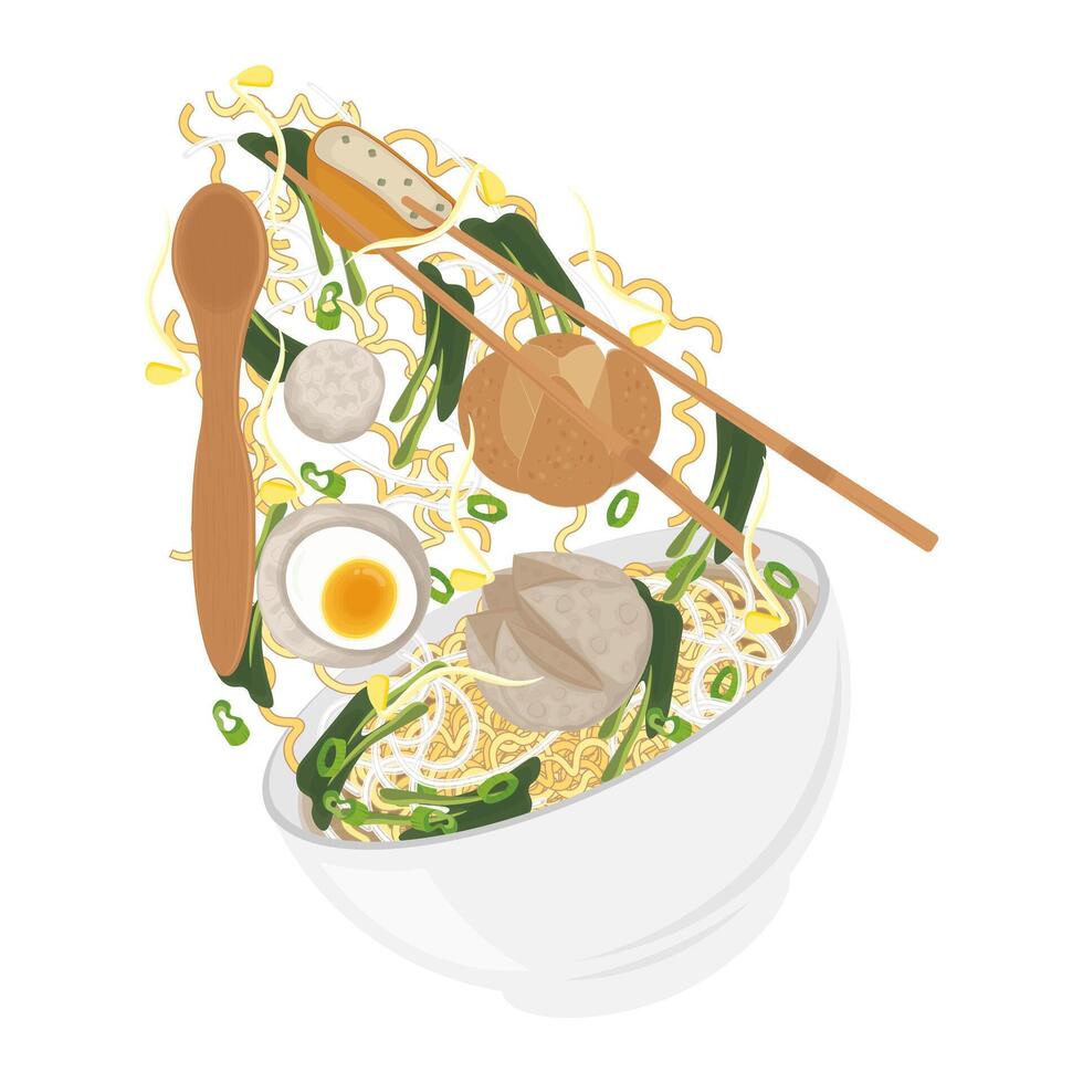 Illustration Logo Clipart Levitation Bakso komplit or indonesian meatballs soup vector