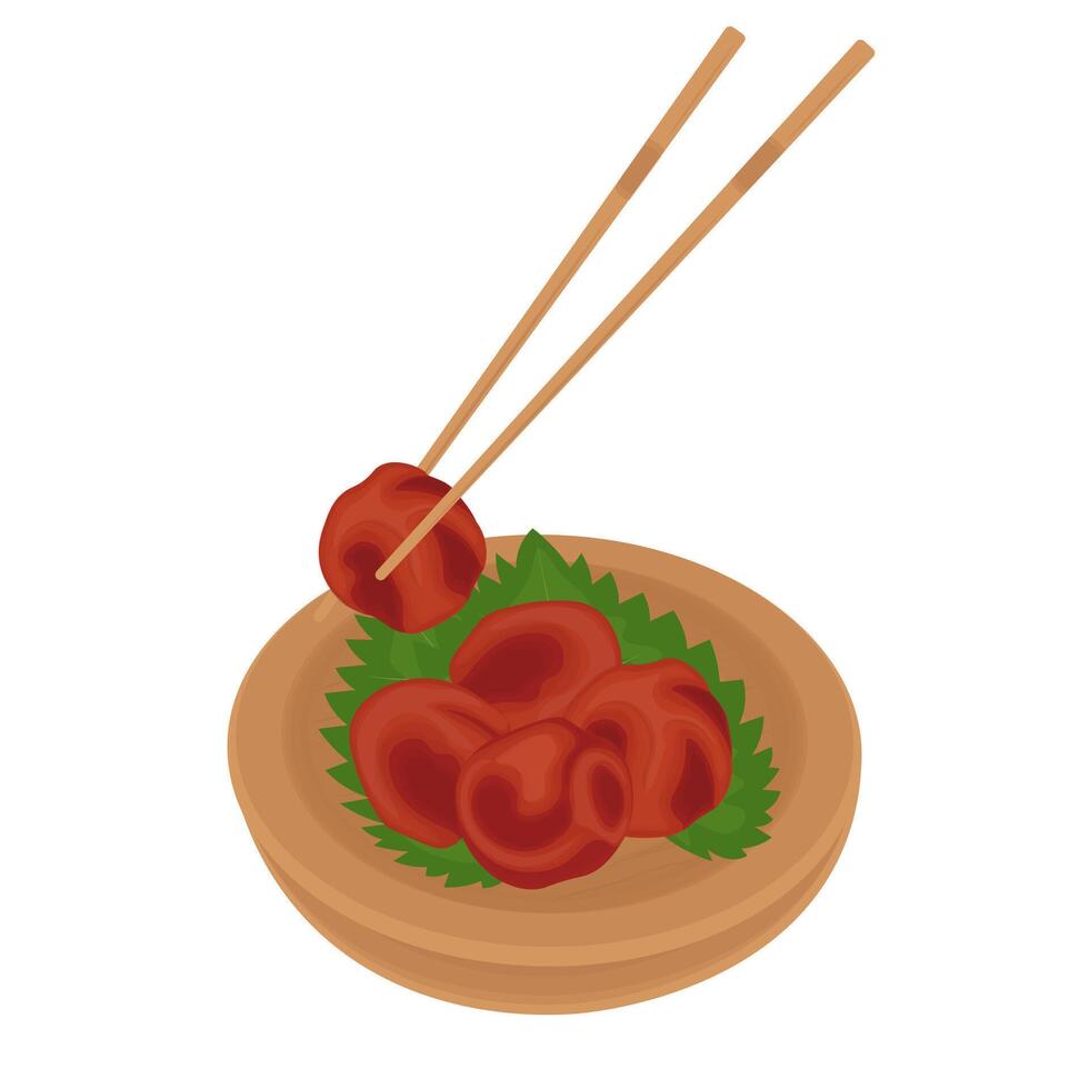 Illustration Logo Clipart Umeboshi Japanese Pickled Plums With Shiso leaves on a wooden plate vector