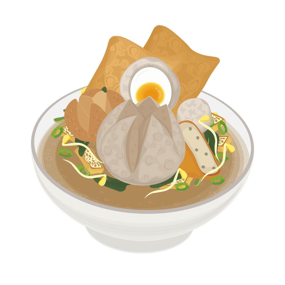 Illustration Logo Clipart Bakso Kuah komplit or indonesian meatballs soup on a white bowl vector
