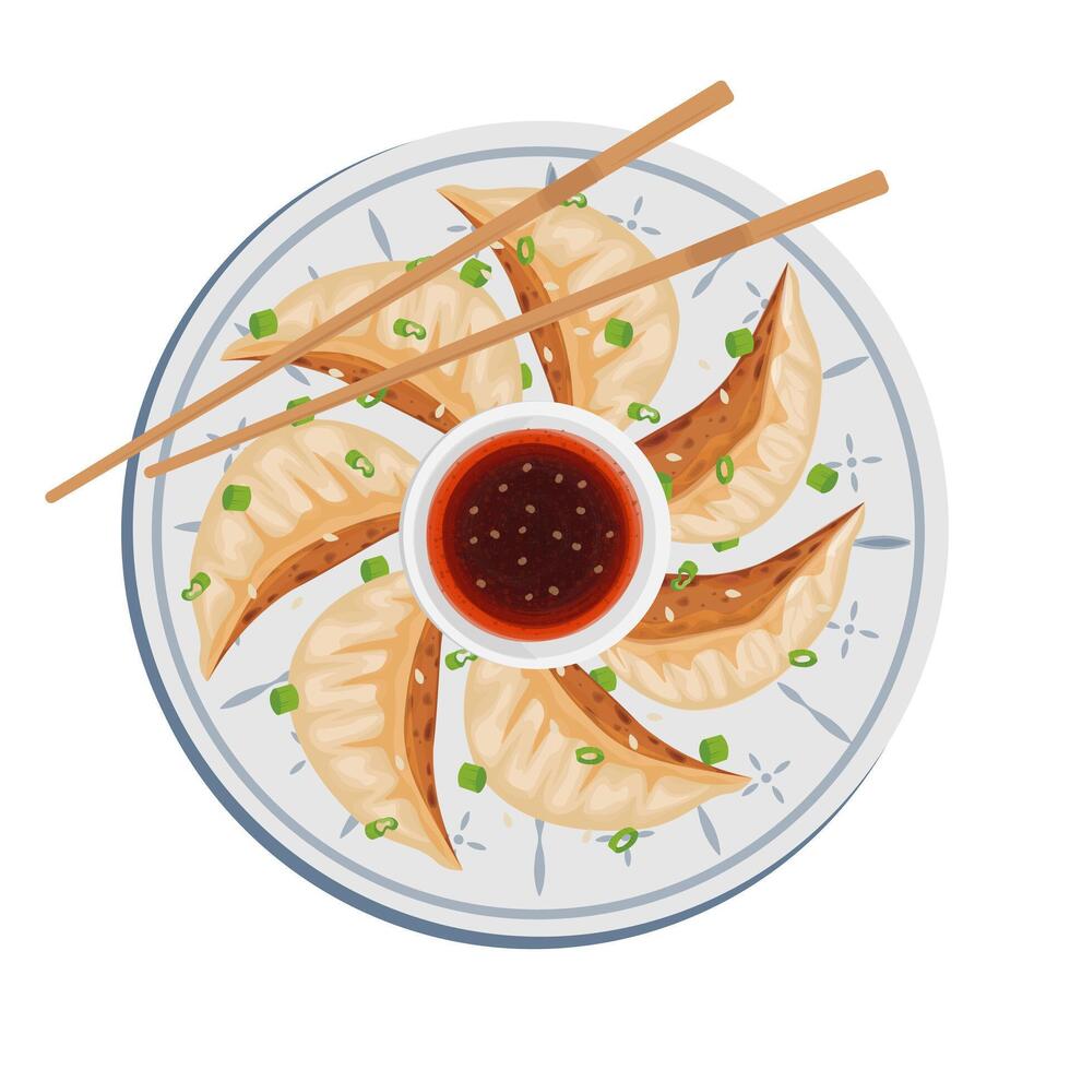 Illustration Logo Clipart Top View Grilled gyoza or Jiaozi dumpling with separate chili oil vector
