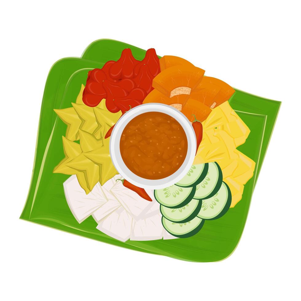 Illustration Logo Clipart Top View Traditional Indonesian Fruit salad with Spicy brown sugar sauce Rujak buah or lotis buah lutis buah vector