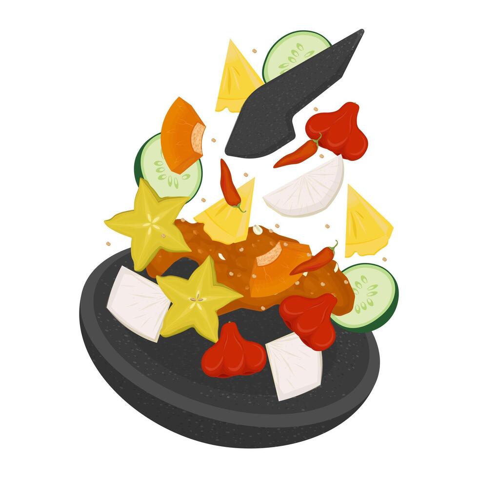 Illustration Logo Clipart Levitation indonesian street food Rujak buah lutis buah or lotis buah on a cobek with Spicy brown sauce vector